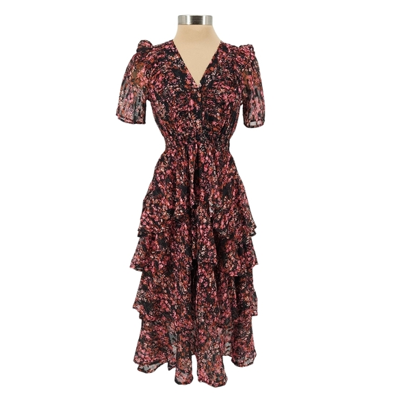 Hale Bob Dresses & Skirts - Hale Bob Jade Fit Flare Tiered Midi Dress Floral Ruffle Short Sleeve V Neck XS